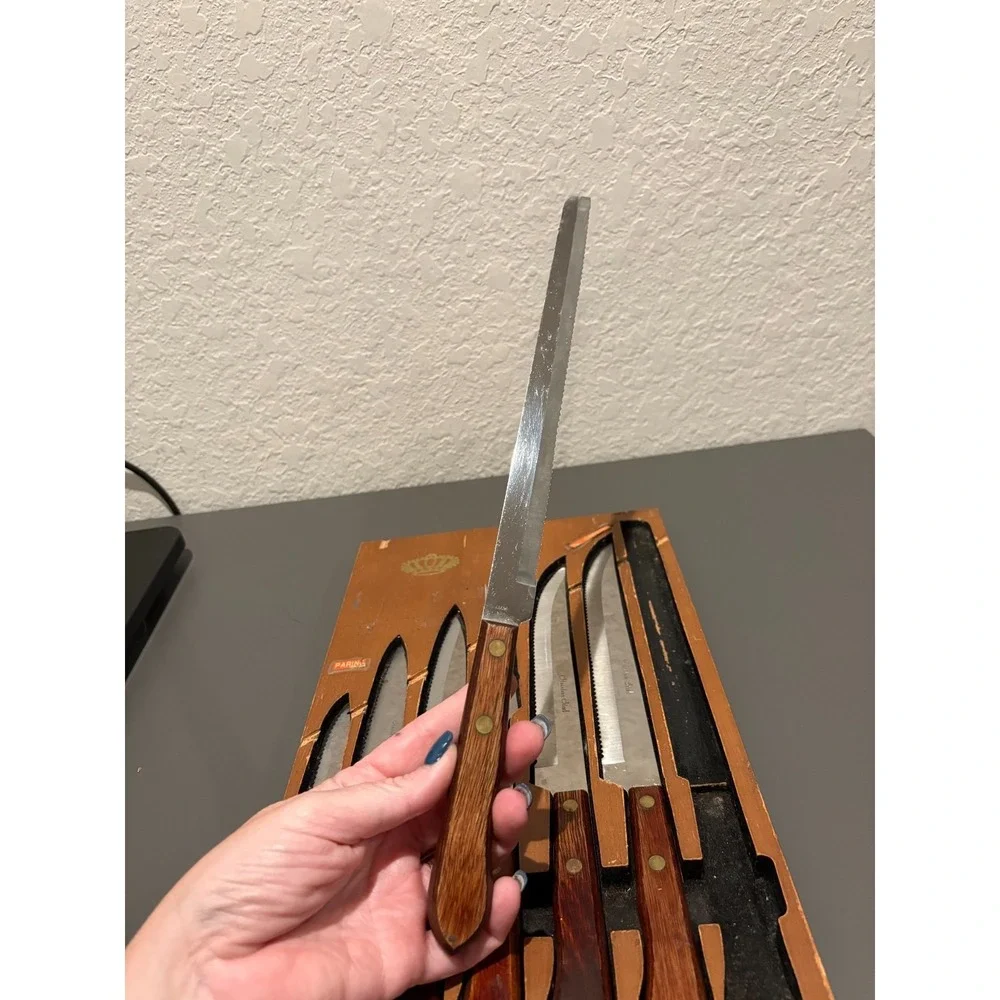 VTG Forgecraft Olde Forge 7pc Knife & Meat Fork Set w/ Wood Wall Holder USA Made